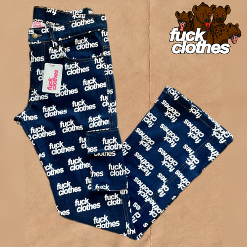 Dark Blue Denim All Over Print Cargo Flare Pants